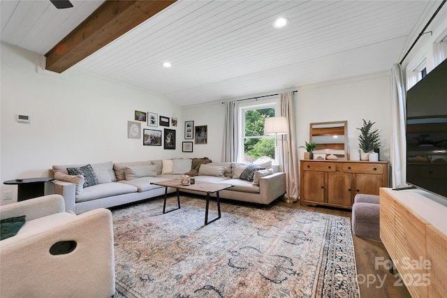 903 Middlefork Rd, Brevard, NC 28712 - living room with wood finished floors, a wooden ceiling with exposed beams, and recessed lighting