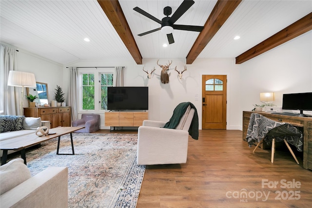903 Middlefork Rd, Brevard, NC 28712 - living room with wood finished floors, a ceiling fan, recessed lighting, and beam ceiling