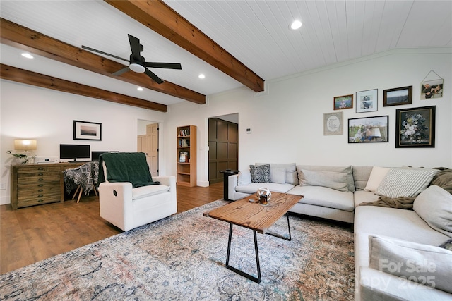903 Middlefork Rd, Brevard, NC 28712 - living area featuring recessed lighting, wood finished floors, ceiling fan, and beam ceiling