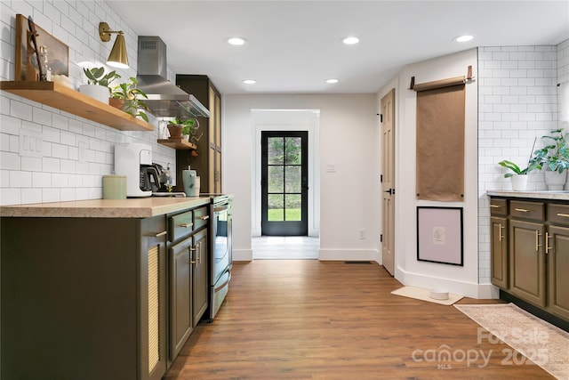 903 Middlefork Rd, Brevard, NC 28712 - kitchen featuring ventilation hood, open shelves, tasteful backsplash, wood finished floors, and light countertops