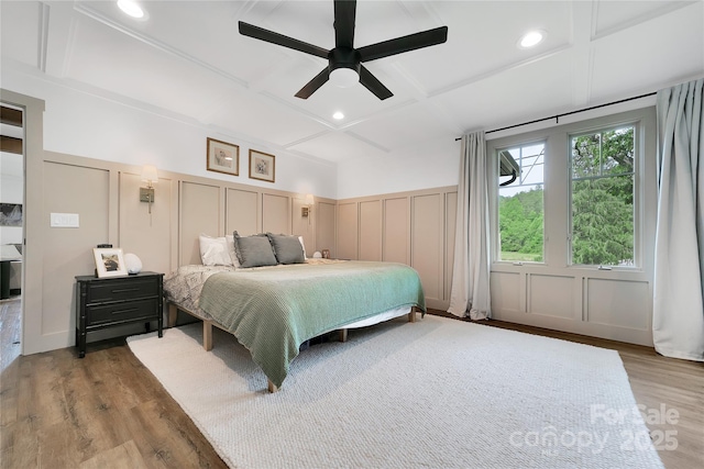 903 Middlefork Rd, Brevard, NC 28712 - bedroom featuring a decorative wall, coffered ceiling, wood finished floors, recessed lighting, and wainscoting