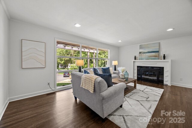 917 Dent Ct, Charlotte, NC 28210 - living area featuring wood finished floors, a fireplace with flush hearth, crown molding, and recessed lighting