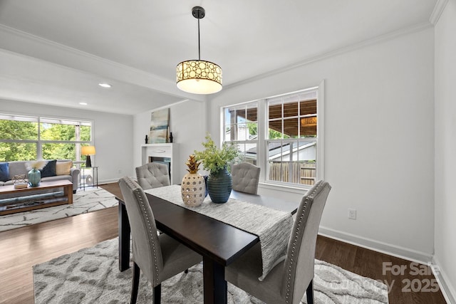 917 Dent Ct, Charlotte, NC 28210 - dining area featuring healthy amount of natural light, ornamental molding, wood finished floors, a fireplace, and recessed lighting