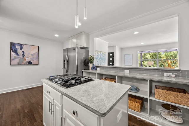 917 Dent Ct, Charlotte, NC 28210 - kitchen featuring stainless steel refrigerator with ice dispenser, black gas cooktop, open shelves, white cabinetry, and dark wood-type flooring