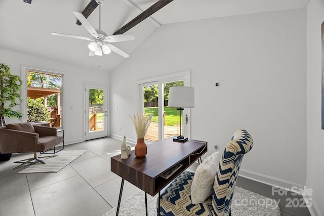 917 Dent Ct, Charlotte, NC 28210 - office featuring healthy amount of natural light, a ceiling fan, high vaulted ceiling, beamed ceiling, and light tile patterned floors