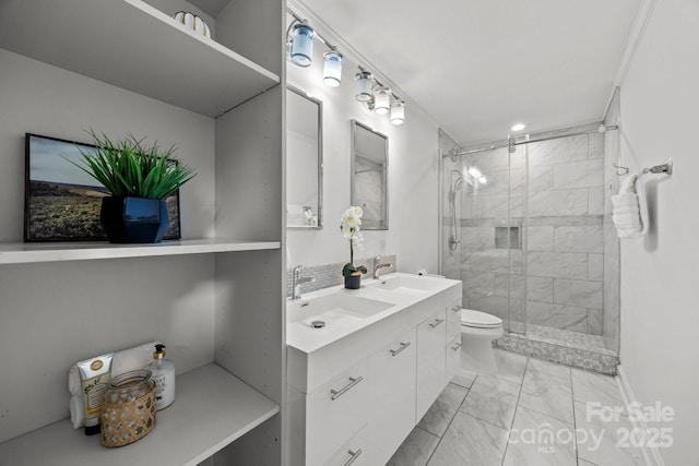 917 Dent Ct, Charlotte, NC 28210 - bathroom featuring marble look tiles, double vanity, and a stall shower
