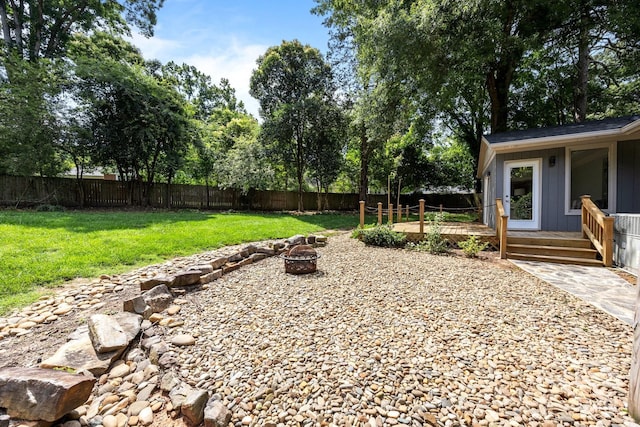 917 Dent Ct, Charlotte, NC 28210 - fenced backyard featuring an outdoor fire pit and a deck