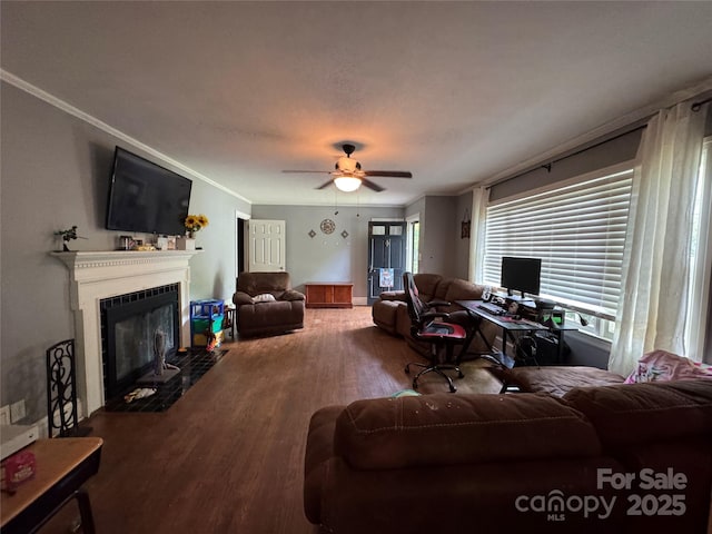 living area with wood finished floors, a ceiling fan, crown molding, a fireplace with flush hearth, and a desk