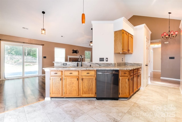 3505 Frostmoor Pl, Charlotte, NC 28269 - kitchen featuring dishwasher, a sink, a chandelier, a peninsula, and decorative light fixtures