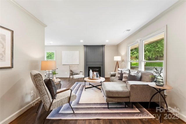 3661 Annlin Ave, Charlotte, NC 28209 - living room with baseboards, ornamental molding, wood finished floors, a large fireplace, and recessed lighting