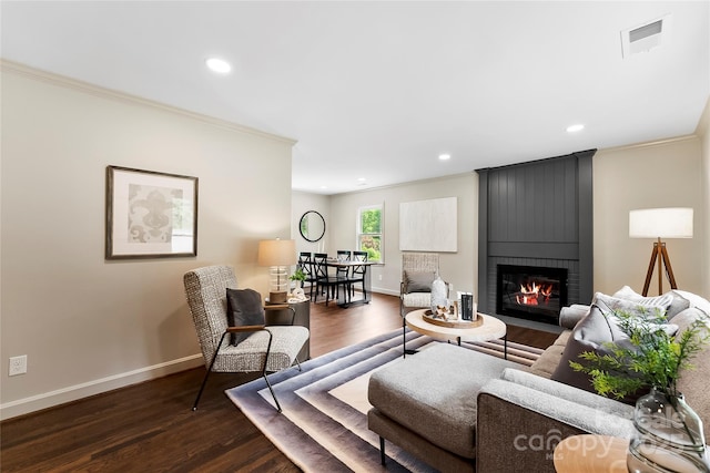 3661 Annlin Ave, Charlotte, NC 28209 - living room featuring ornamental molding, baseboards, a large fireplace, dark wood-style flooring, and recessed lighting