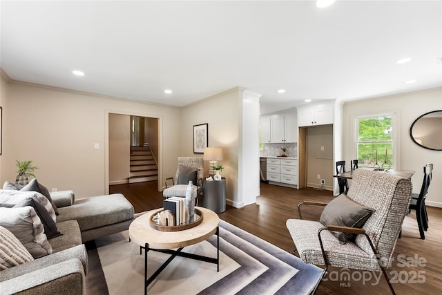 3661 Annlin Ave, Charlotte, NC 28209 - living room featuring stairway, dark wood-type flooring, recessed lighting, baseboards, and ornamental molding