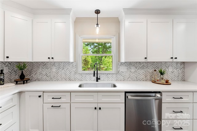 3661 Annlin Ave, Charlotte, NC 28209 - kitchen with dishwasher, a sink, white cabinetry, tasteful backsplash, and light countertops