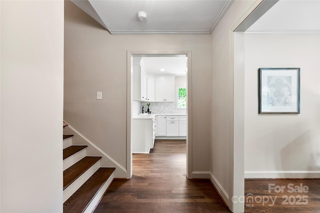 3661 Annlin Ave, Charlotte, NC 28209 - hallway with dark wood finished floors, crown molding, baseboards, and stairway