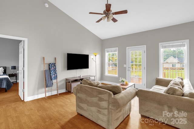 170 Wagon Wheel Way Unit 4, Salisbury, NC 28147 - living area with a ceiling fan, high vaulted ceiling, light wood-type flooring, and baseboards