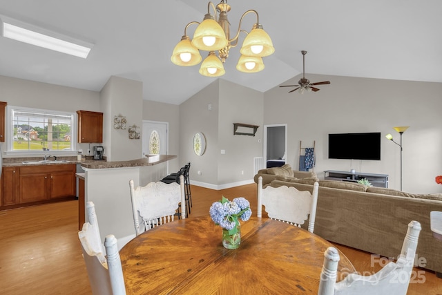 170 Wagon Wheel Way Unit 4, Salisbury, NC 28147 - dining area with light wood-type flooring, a chandelier, high vaulted ceiling, a ceiling fan, and baseboards