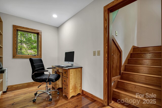 214 Laurel Mountain Trl, Saluda, NC 28773 - home office featuring wood-type flooring, recessed lighting, and baseboards