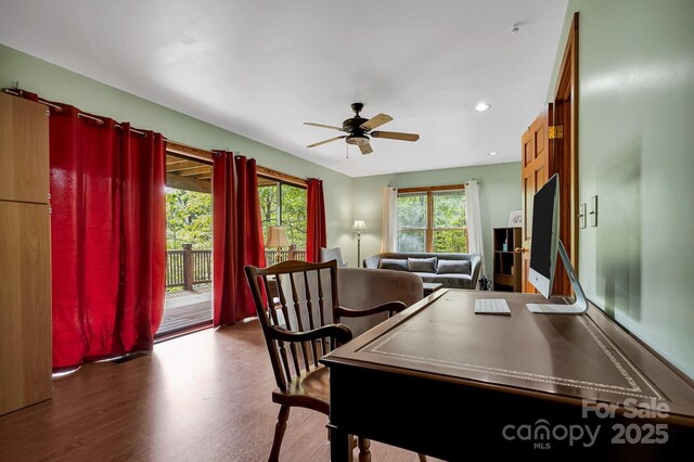 214 Laurel Mountain Trl, Saluda, NC 28773 - home office with ceiling fan, wood finished floors, and recessed lighting