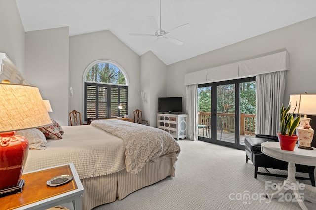 140 Lost Trl Unit 145, Highlands, NC 28741 - carpeted bedroom featuring access to outside, multiple windows, high vaulted ceiling, and a ceiling fan