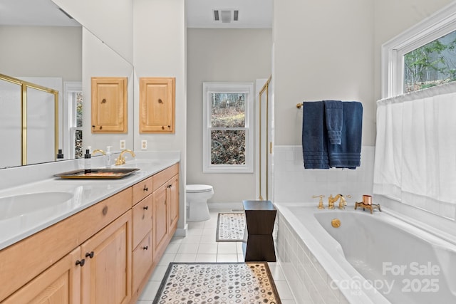 140 Lost Trl Unit 145, Highlands, NC 28741 - full bathroom featuring a garden tub, double vanity, a stall shower, tile patterned floors, and toilet