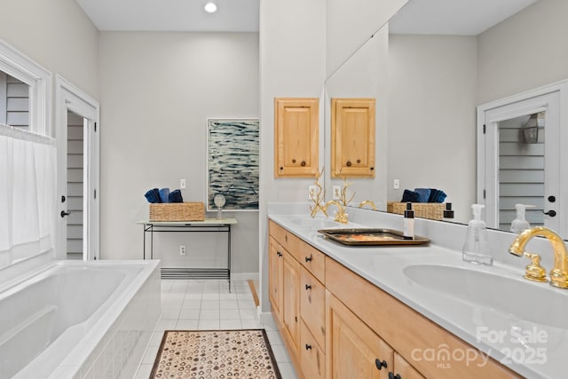 140 Lost Trl Unit 145, Highlands, NC 28741 - full bath featuring double vanity, tile patterned floors, a bath, and recessed lighting