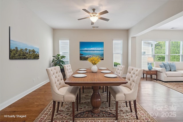 467 Granite Lake Ct, Denver, NC 28037 - dining area featuring ceiling fan, wood finished floors, and baseboards