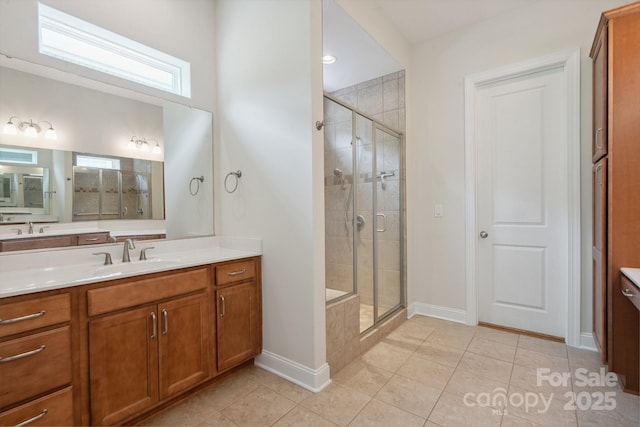 467 Granite Lake Ct, Denver, NC 28037 - bathroom with vanity, a shower stall, and tile patterned flooring