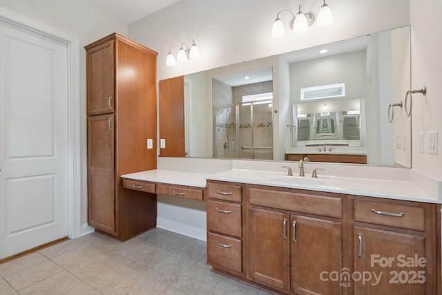 467 Granite Lake Ct, Denver, NC 28037 - bathroom with a stall shower, tile patterned flooring, vanity, and baseboards