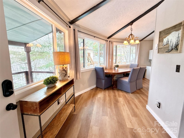 109 Beechwood Ln, Beech Mountain, NC 28604 - dining space featuring baseboards, light wood-style flooring, a chandelier, and a textured ceiling