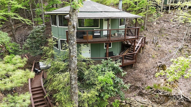 109 Beechwood Ln, Beech Mountain, NC 28604 - back of house with stairway, a deck, and roof with shingles