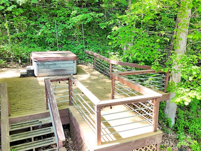 80 Hidden Falls Rd, Maggie Valley, NC 28751 - wooden terrace featuring a hot tub