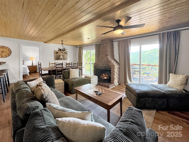 80 Hidden Falls Rd, Maggie Valley, NC 28751 - living area with wooden ceiling, a ceiling fan, and wood finished floors