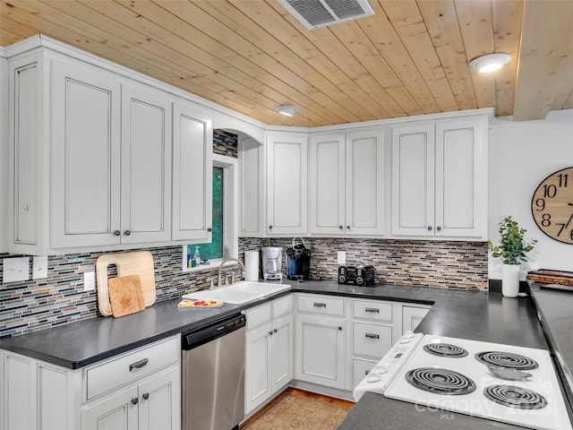 80 Hidden Falls Rd, Maggie Valley, NC 28751 - kitchen with dishwasher, a sink, wooden ceiling, dark countertops, and backsplash