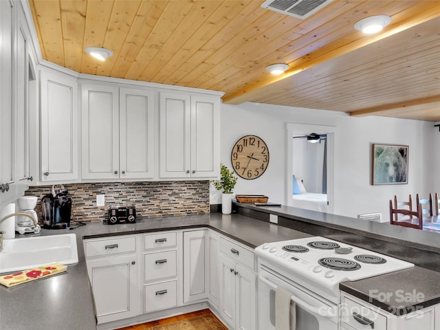 80 Hidden Falls Rd, Maggie Valley, NC 28751 - kitchen with white electric range, wood ceiling, dark countertops, a sink, and a peninsula