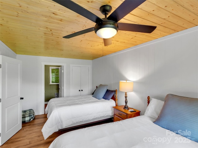 80 Hidden Falls Rd, Maggie Valley, NC 28751 - bedroom featuring wooden ceiling, wood finished floors, ceiling fan, and a closet