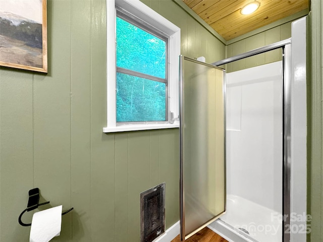 80 Hidden Falls Rd, Maggie Valley, NC 28751 - full bath featuring a stall shower, wood ceiling, a decorative wall, and recessed lighting