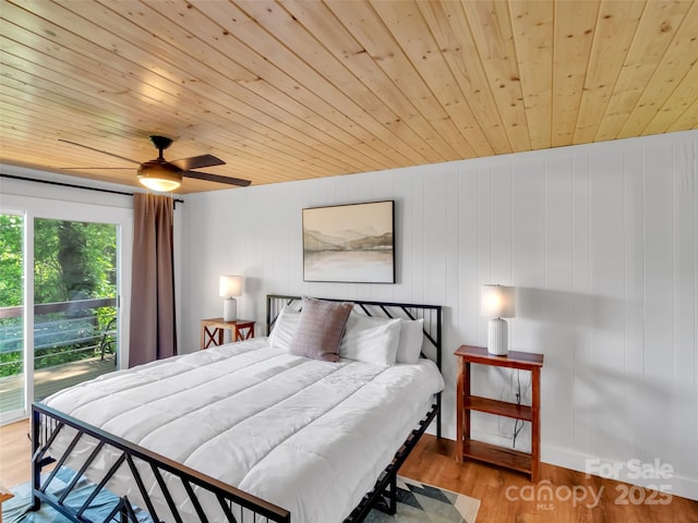 80 Hidden Falls Rd, Maggie Valley, NC 28751 - bedroom featuring wood ceiling, wood finished floors, access to exterior, and a ceiling fan