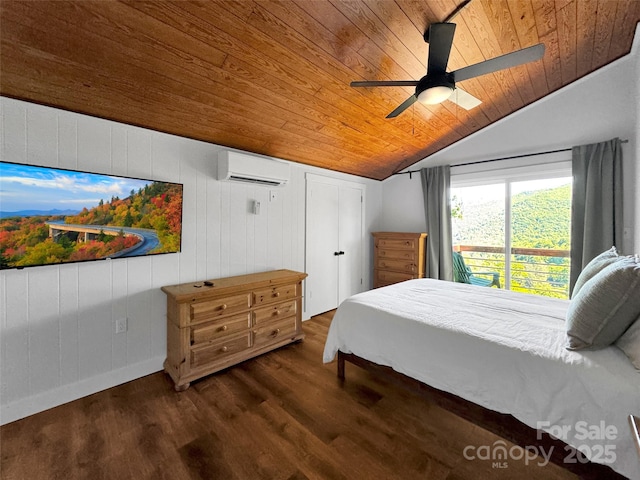 80 Hidden Falls Rd, Maggie Valley, NC 28751 - bedroom with wood ceiling, a wall mounted AC, lofted ceiling, wood finished floors, and a ceiling fan