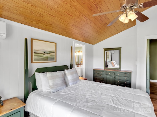 80 Hidden Falls Rd, Maggie Valley, NC 28751 - bedroom featuring wooden ceiling, lofted ceiling, ensuite bath, wood finished floors, and ceiling fan