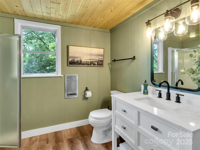 80 Hidden Falls Rd, Maggie Valley, NC 28751 - bathroom with plenty of natural light, wood ceiling, a stall shower, vanity, and wood finished floors