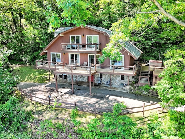 80 Hidden Falls Rd, Maggie Valley, NC 28751 - rear view of property with a patio area, a deck, a fenced backyard, and stairway