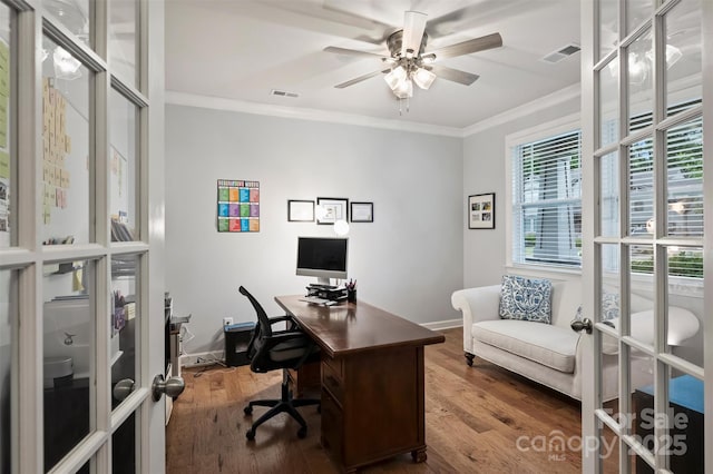 528 Sandbar Pt, Clover, SC 29710 - office with ornamental molding, french doors, a ceiling fan, wood finished floors, and baseboards