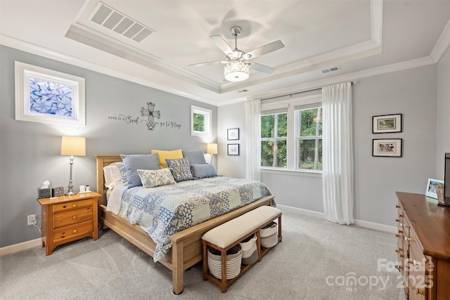 528 Sandbar Pt, Clover, SC 29710 - bedroom featuring a raised ceiling, ornamental molding, light carpet, baseboards, and ceiling fan