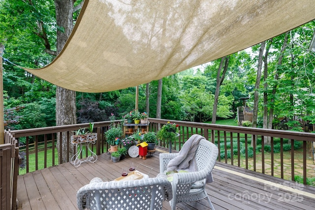 211 Southfork Dr, Belmont, NC 28012 - wooden terrace featuring a lawn and view of wooded area