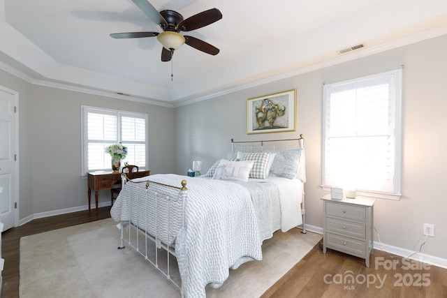 211 Southfork Dr, Belmont, NC 28012 - bedroom featuring a tray ceiling, wood finished floors, baseboards, and crown molding