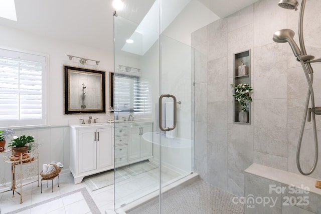211 Southfork Dr, Belmont, NC 28012 - full bathroom featuring a stall shower, vanity, and tile patterned floors