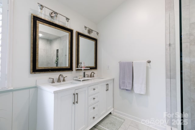 211 Southfork Dr, Belmont, NC 28012 - bathroom with double vanity, tile patterned floors, and tiled shower