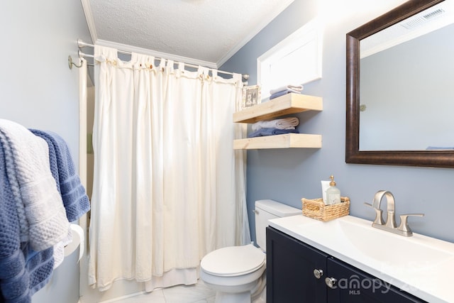 211 Southfork Dr, Belmont, NC 28012 - full bathroom featuring ornamental molding, toilet, a textured ceiling, vanity, and a shower with curtain