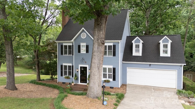 211 Southfork Dr, Belmont, NC 28012 - colonial home with driveway, a garage, a shingled roof, and a chimney