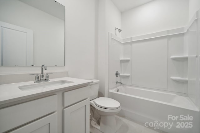full bath with toilet, vanity, bathtub / shower combination, and tile patterned flooring